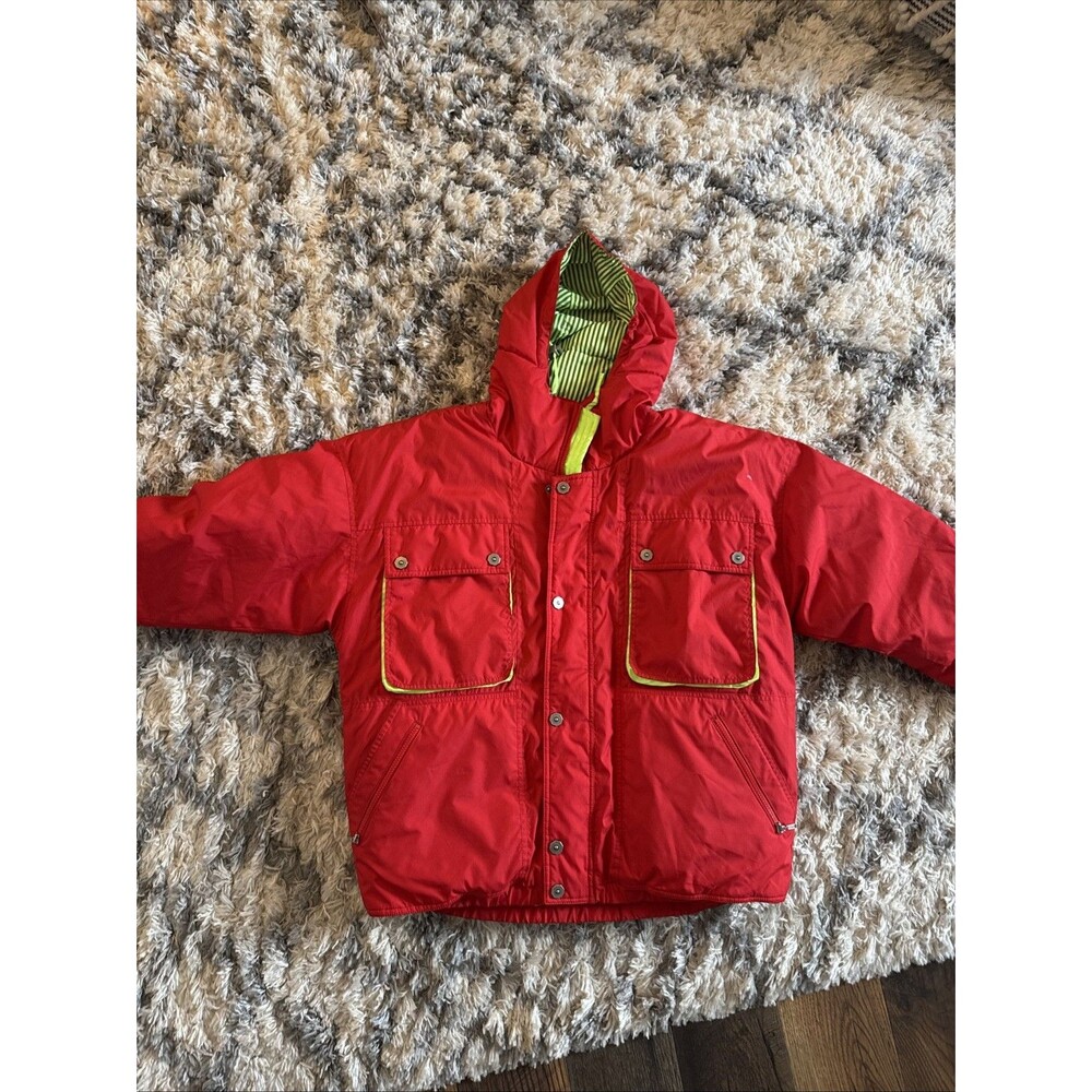 Vintage Profile Ski Down Jacket XL red neon green hooded 80/20 puffer coat